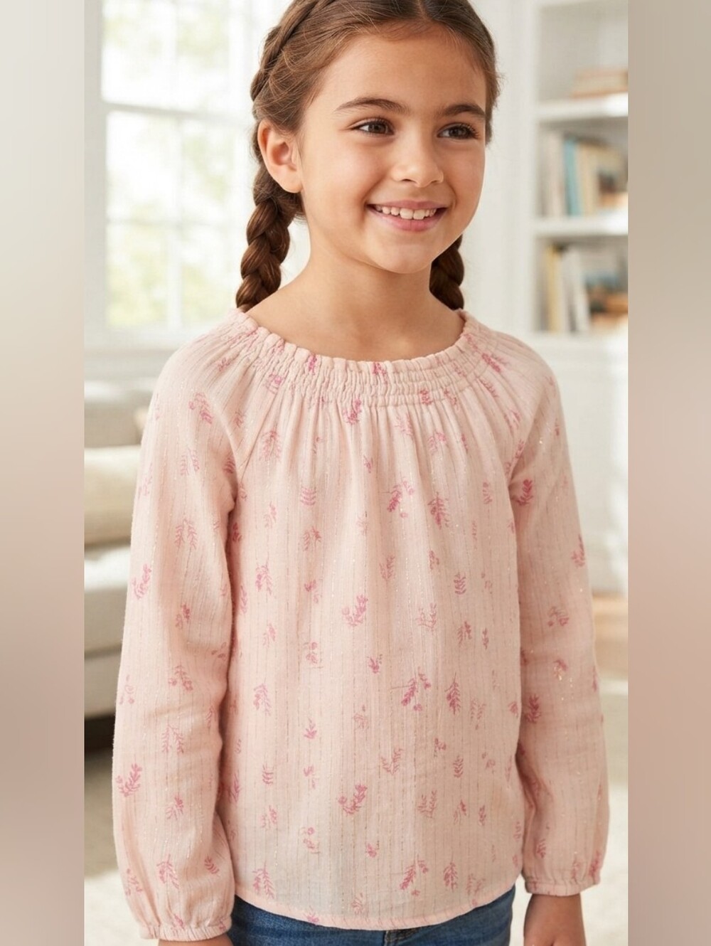 Cat & Jack Girls Blush Pink Peasant Top – Floral Gold Shimmer – Size 7-8